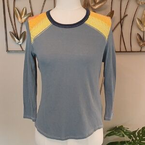 NWT - Free People - Blue and Gold Ribbed 3/4 Sleeve Tee